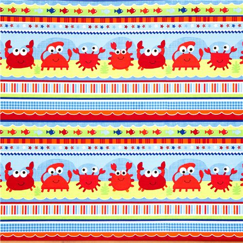 light blue stripes fabric with baby crab Timeless Treasures 2