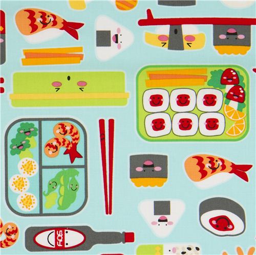 hellblauer Sushi Stoff von Robert Kaufman USA kawaii Stoff