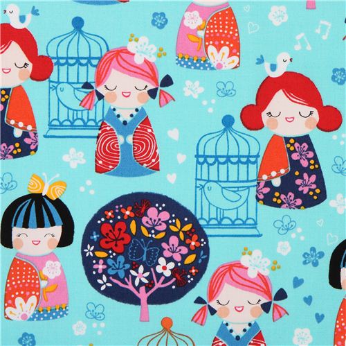 tessuto turchese kimono bambine fiori dell'Asia Robert Kaufman Tessuto