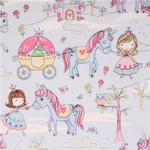 light blue unicorn castle princess glitter fabric Timeless Treasures Fabric