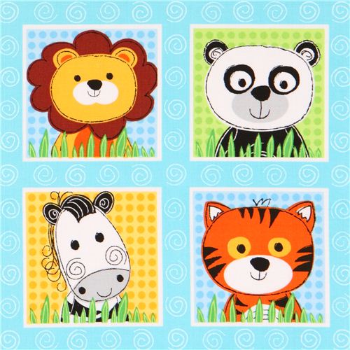 hellblauer Zoo Tier Quadrate Stoff 'Wild Thing' Blank Quilting USA Stoff