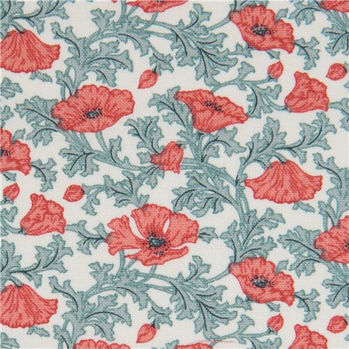 Tissu Liberty Fabrics crème clair avec des coquelicots rouge corail Tissu