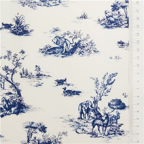 Fat Quarter (50 x 54 cm) - Tela de sarga crema claro con animales azul oscuro estilo toile de jouy d 2
