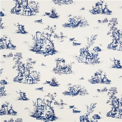 Fat Quarter (50 x 54 cm) - Tela de sarga crema claro con animales azul oscuro estilo toile de jouy d 3