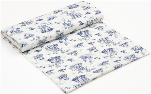 Fat Quarter (50 x 54 cm) - Tela de sarga crema claro con animales azul oscuro estilo toile de jouy d 4