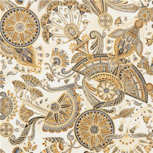 Tela crema con crculo flor marrn gris dorado metlico Robert Kaufman Studio RK Tela