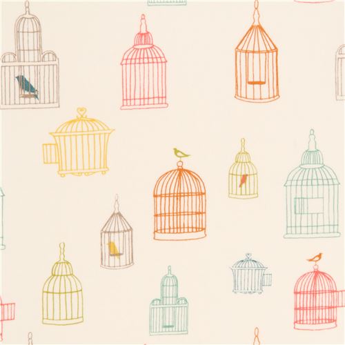 Tissu birch bio crme clair avec des silhouettes de cages  oiseaux multicolores Tissu