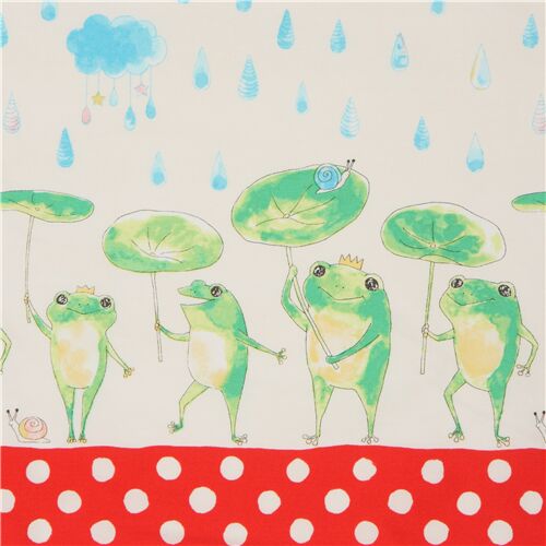 light cream double border oxford fabric with frogs in the rain by Kokka Fabric