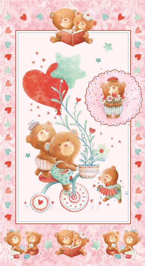 Tissu StudioE  Puffy Teddy  panneaux crme clair et rose, ours  vlo, coeurs Tissu