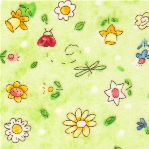 light green flannel fabric flower ladybird butterfly USA 1
