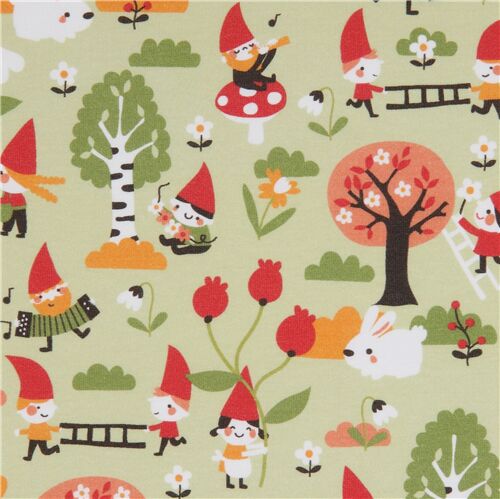 Resto de (23 x 152 cm) - Tela orgánica de punto jersey verde claro con gnomos de jardín de Lillestof