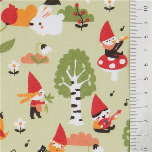 Resto de (23 x 152 cm) - Tela orgánica de punto jersey verde claro con gnomos de jardín de Lillestof 2
