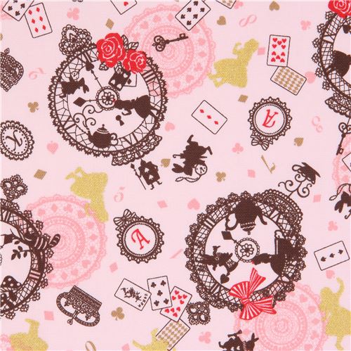 light pink Alice in Wonderland gold metallic fairy tale oxford fabric by Kokka Fabric