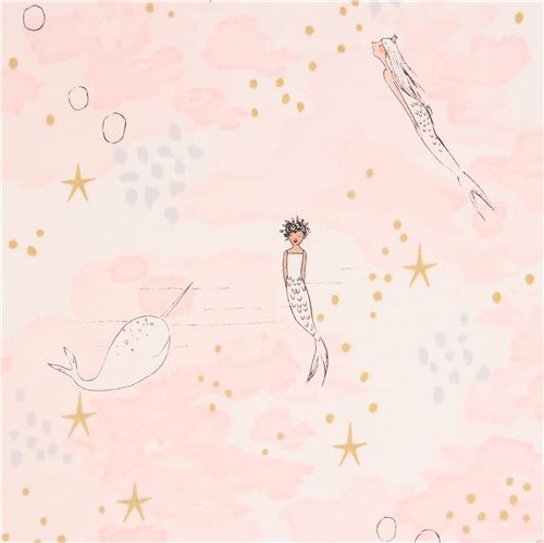 tessuto rosa chiaro sirene decorazioni dorate Mermaid Magic Tessuto