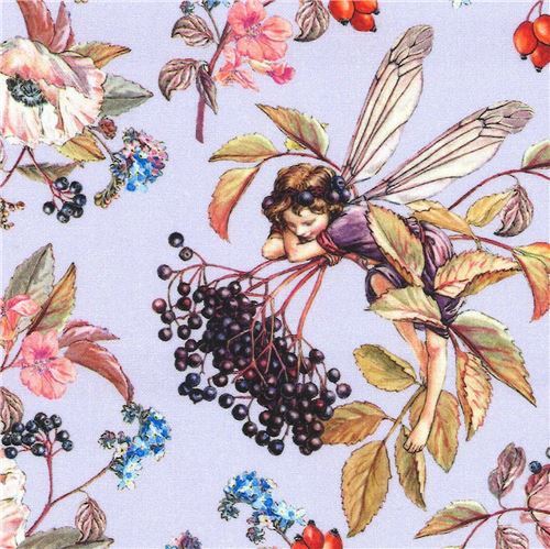 Rimanenza di (41 x 112 cm) - tessuto lilla frutti di bosco fiori fate Michael Miller