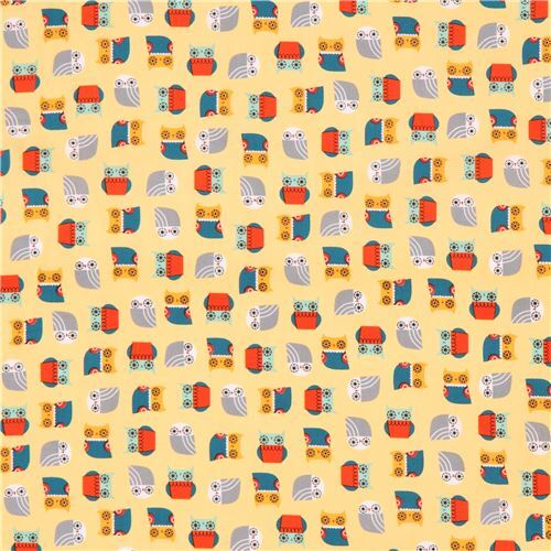 Fat Quarter (50 x 56 cm) - Tissu jaune clair par Robert Kaufman avec des hiboux sarcelle, gris, Suzy 3