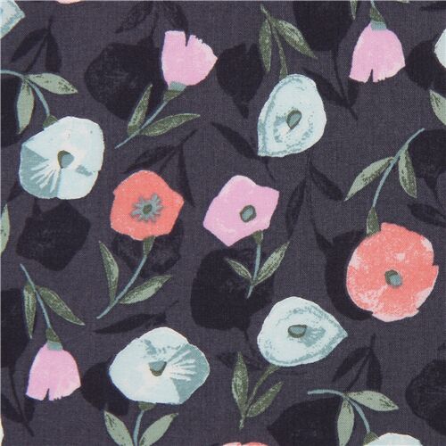 leichter Baumwollbatist in Grau mit Mohnblumen Stoff