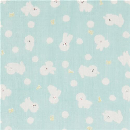 Tissu double gaze léger en coton bleu menthe avec des chiens blancs Tissu