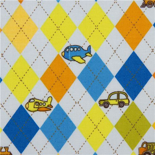 light blue Riley Blake vehicle fabric for boys argyle Fabric