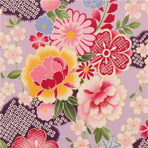 Tissu Kokka lilas avec des fleurs japonaises et des dorures Tissu