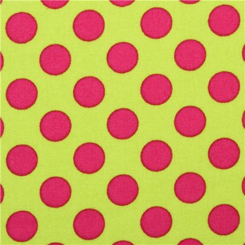 Limettengrüner Michael Miller Stoff Ta Dot mit knallrosanen Punkten Stoff