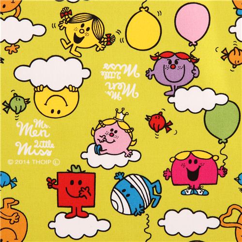 Tissu Oxford Sanrio citron Mr. Men & Little Miss, Monsieur Madame, des nuages
