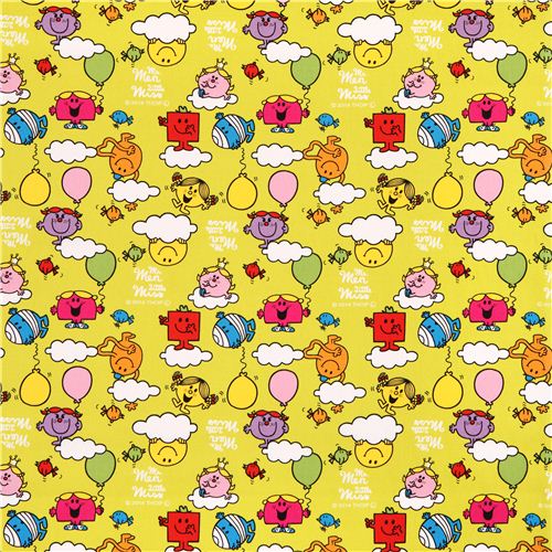 Tissu Oxford Sanrio citron Mr. Men & Little Miss, Monsieur Madame, des nuages 2