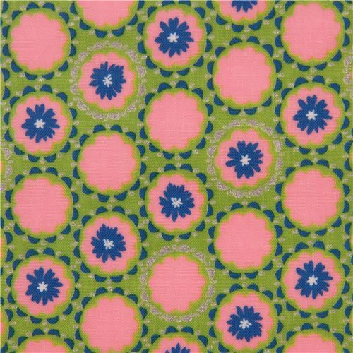 Limettengrner Blume silbermetallische Verzierung Laminat Stoff von Lecien Stoff