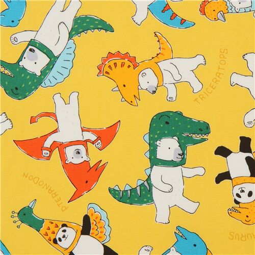 marigold yellow oxford fabric with bears in animal costumes by Kokka Fabric