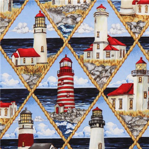 Tela de rombos con faros en el mar de Timeless Treasures Tela