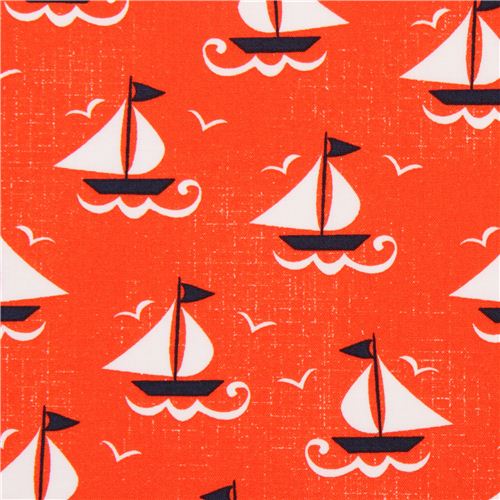 Tissu esprit marin Michael Miller rouge avec des voiliers Tissu