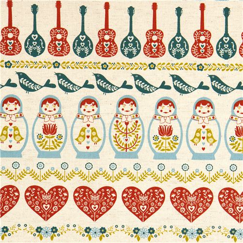 matryoshka fabric with bird heart guitar by Kokka 1