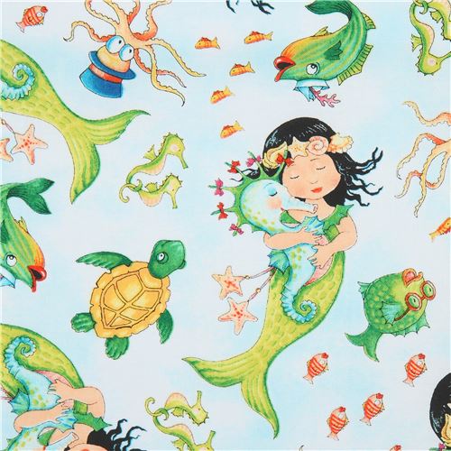 mermaid fabric by Quilting Treasures in light blue Fabric