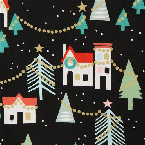metallic gold black Christmas house fabric by Alexander Henry Fabric