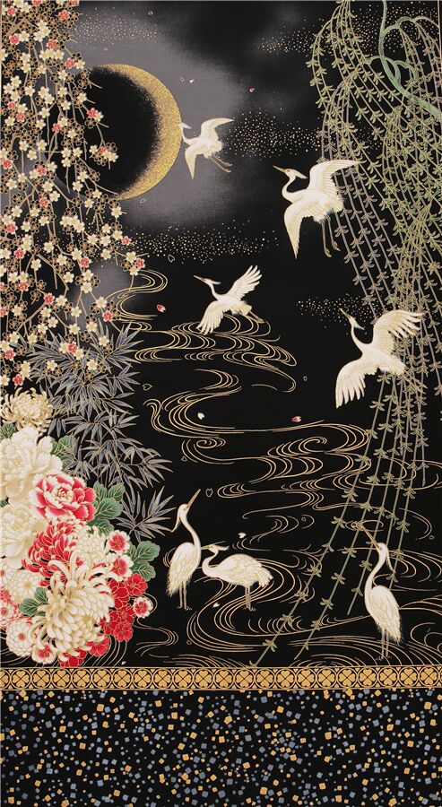metallic gold crane flower panel fabric by Robert Kaufman Fabric