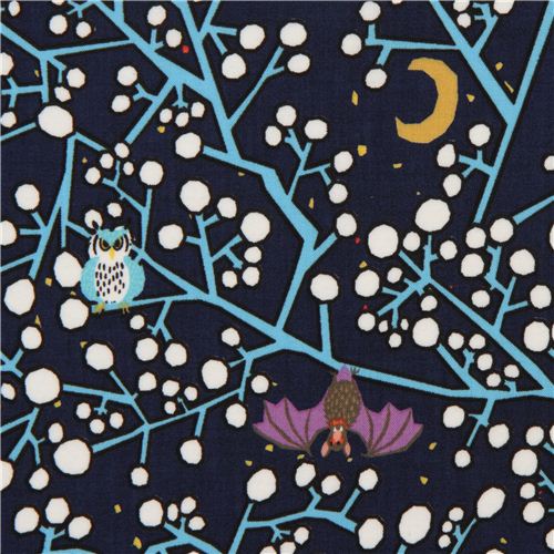 midnight blue owl and bat animal fabric by Kokka Fabric