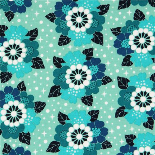 Tela verde menta ramo flor azul estrella Rhoda Ruth de Robert Kaufman EE. UU. Tela