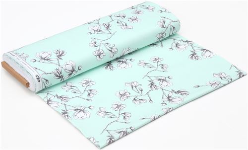 Fat Quarter (50 x 73 cm) - mint green toile de Jouy canvas fabric with flower 3