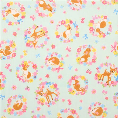 mint green double gauze fabric colorful flower animal from Japan Fabric