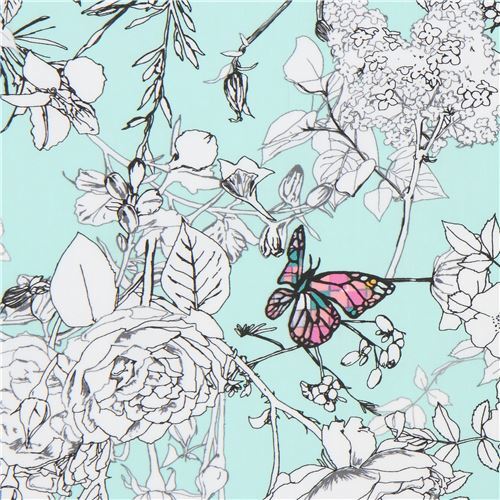 mint green flower and butterfly quilting fabric Fabric