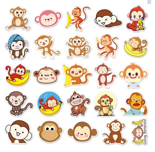 monkey 50 unique designs diecut sticker pack spectcles banana fruit 6