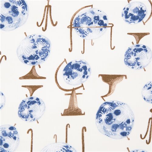 Tissu bleu et marron avec des globes lune illustrés astronomie vintage Tissu