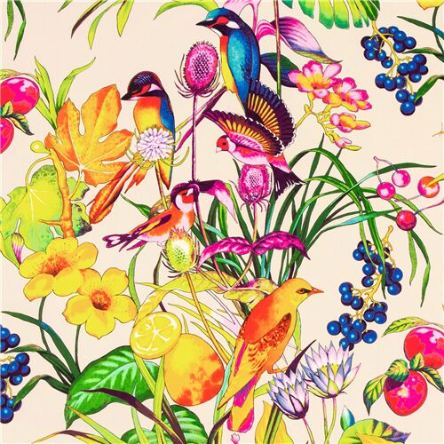 Alexander Henry tela beis con pájaros hojas y flores multicolores tropicales Tela