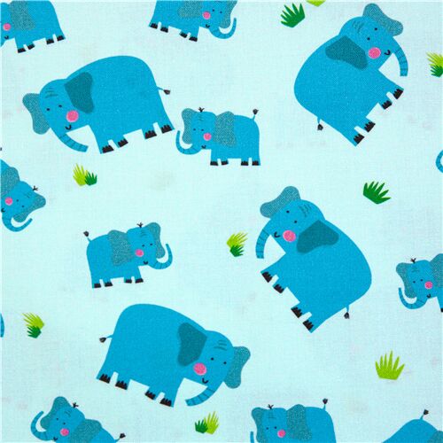 Mama und Baby Elefanten hellblauer Baumwollstoff Gras Stoff