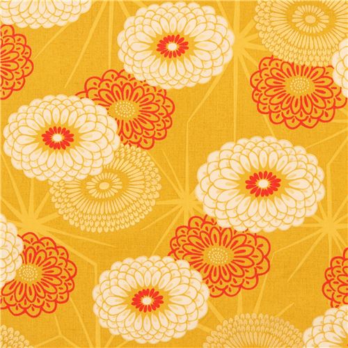 Tela amarillo mostaza grandes flores adorno dorado metlico de Japn Tela