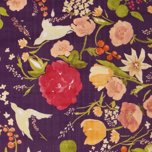 nani IRO fabric Fuccra rakuen flowers bird purple Japan Fabric