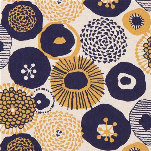 Remnant (18 x 110 cm) - natural color Canvas fabric from Japan with navy blue and mustard yellow flo