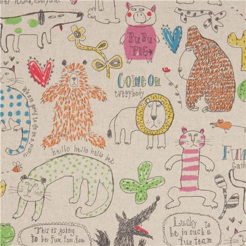 natural color Canvas fabric with colorful domestic and wild animals Fabric