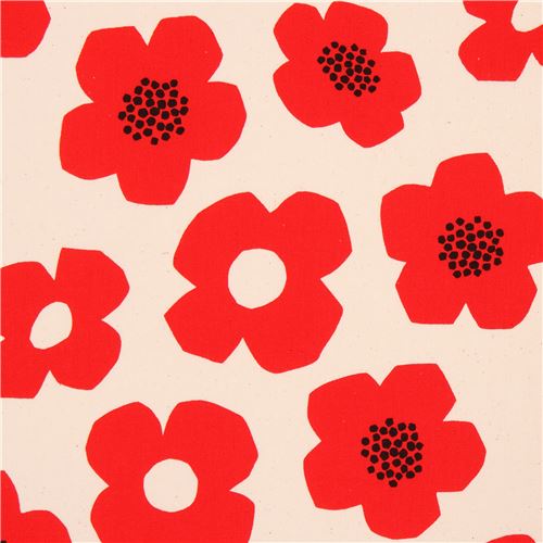 Naturfarbener se rote Blume Laminat Stoff von Kokka Stoff