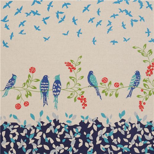 Toile au coloris naturel et bleu marine echino, oiseaux, feuilles, Standard Tissu